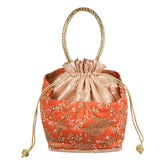 Kuber Industries Hand Bag|Silk Embroidery Drawstring Bag|Traditional Indian Handmade 5 Pocket Potli Bag with Golden Handle|Pack of 2 (Orange)